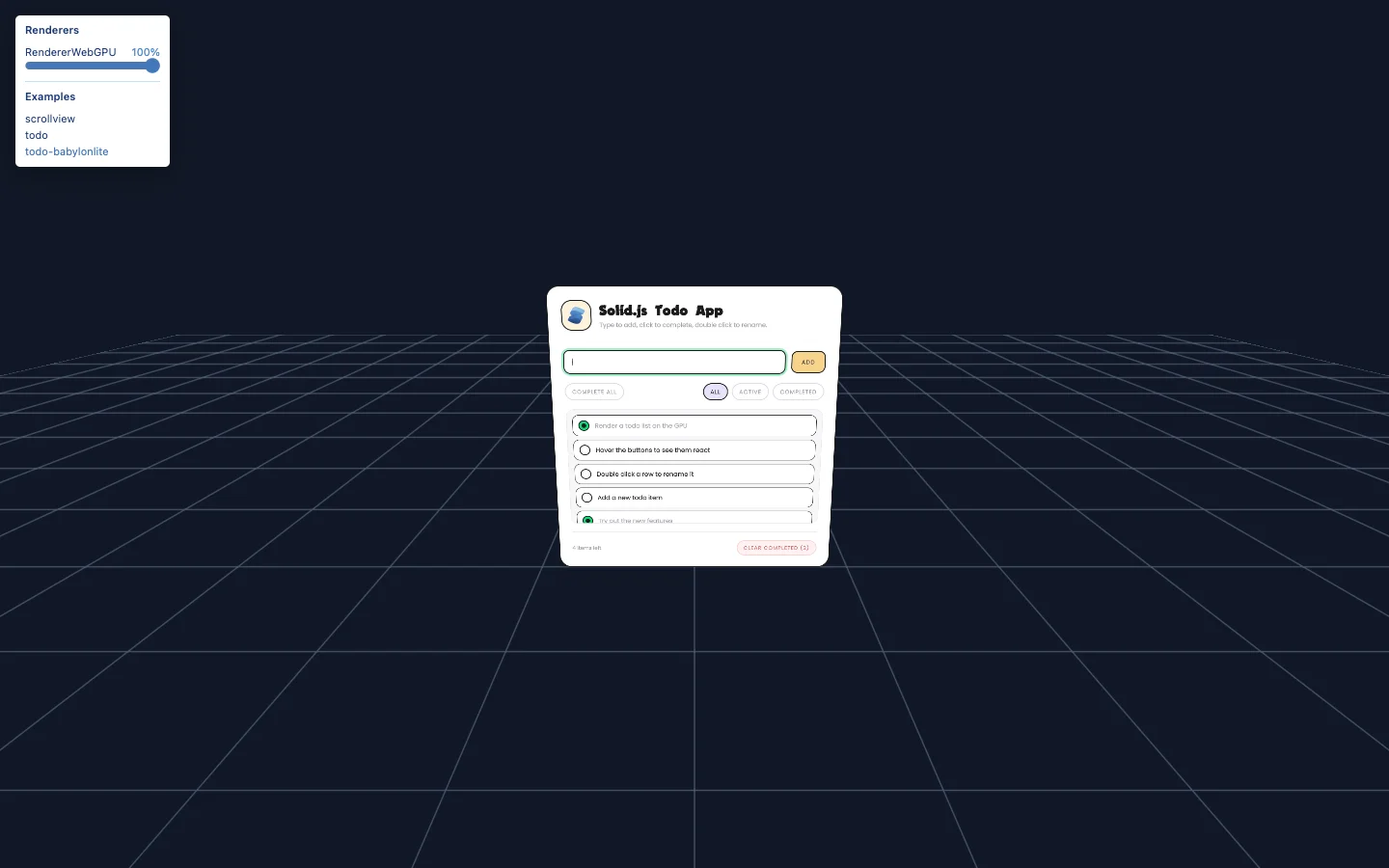 Solid todo list integrated with a Babylon Lite scene