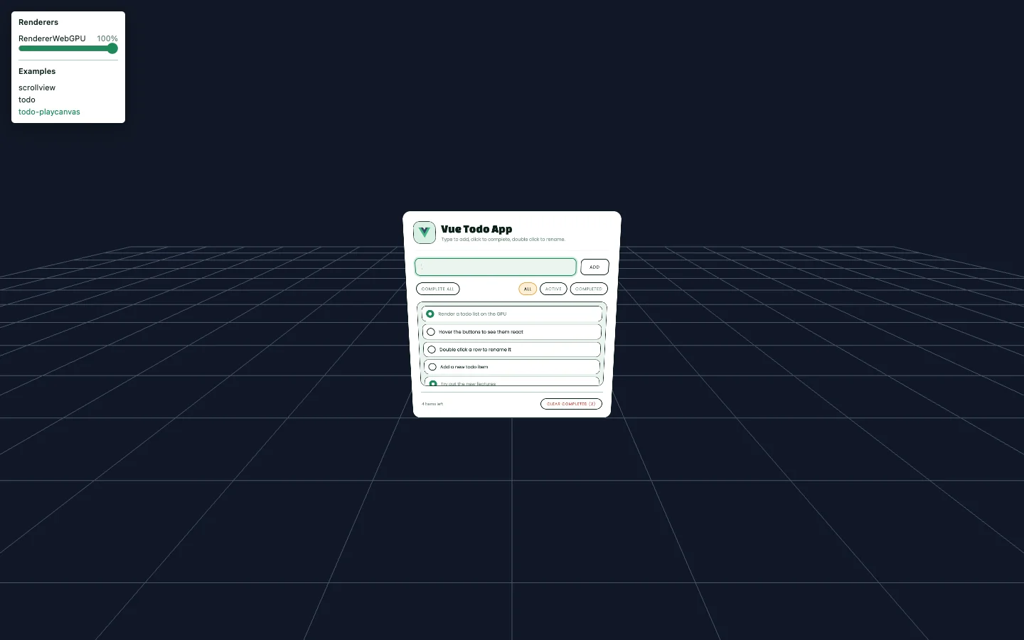 Vue todo list integrated with a PlayCanvas scene